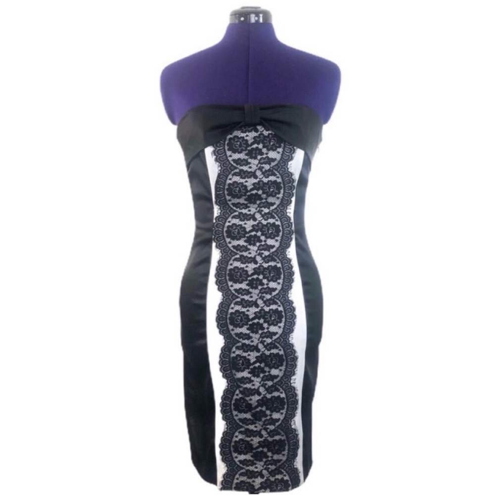 Scott McClintock Black White Colorblock Lace Bow Accent Strapless Cocktail Dress